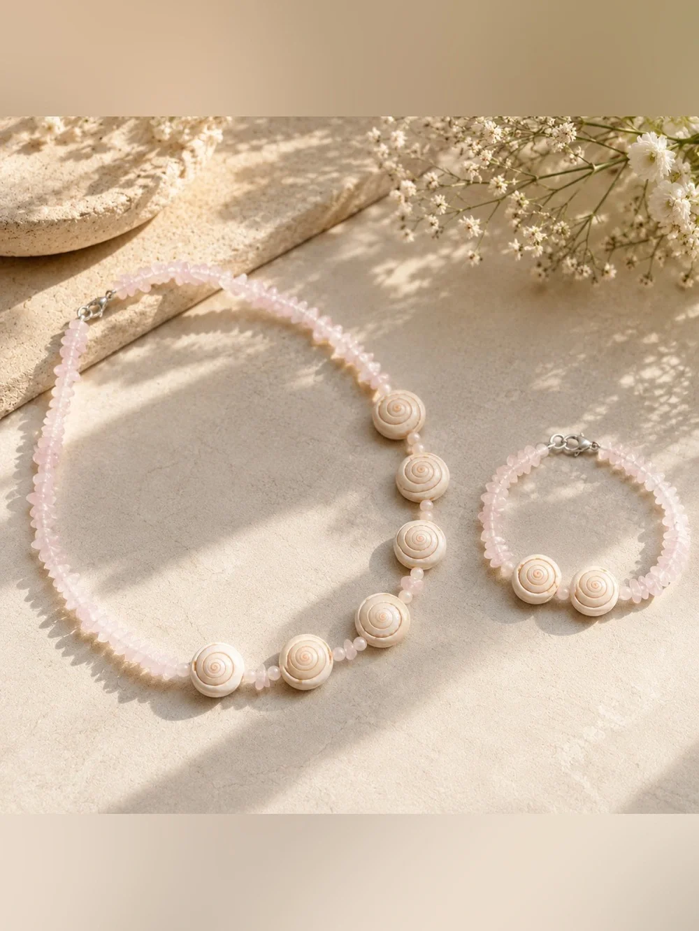 NEW 🐚Handcrafted Pink Shell Bead Necklace and Bracelet Set - Rose Quartz